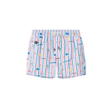 Striped printed swim trunks. Mid length shorts with drawstring waistband and two side pockets.