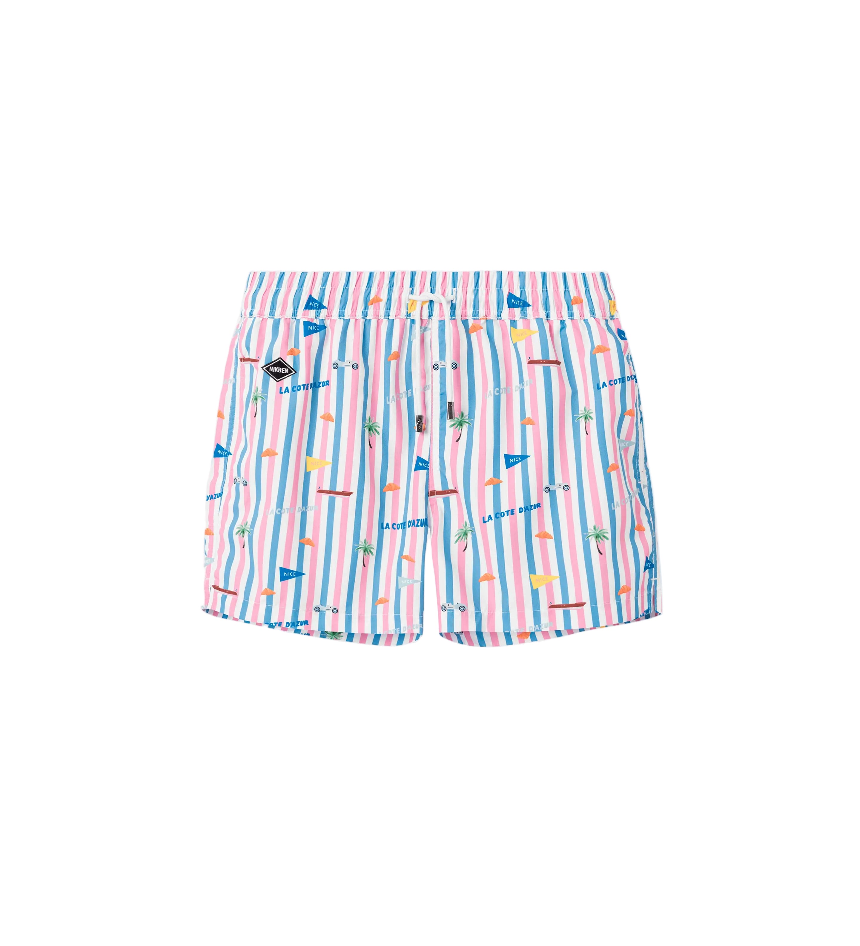 Striped printed swim trunks. Mid length shorts with drawstring waistband and two side pockets.