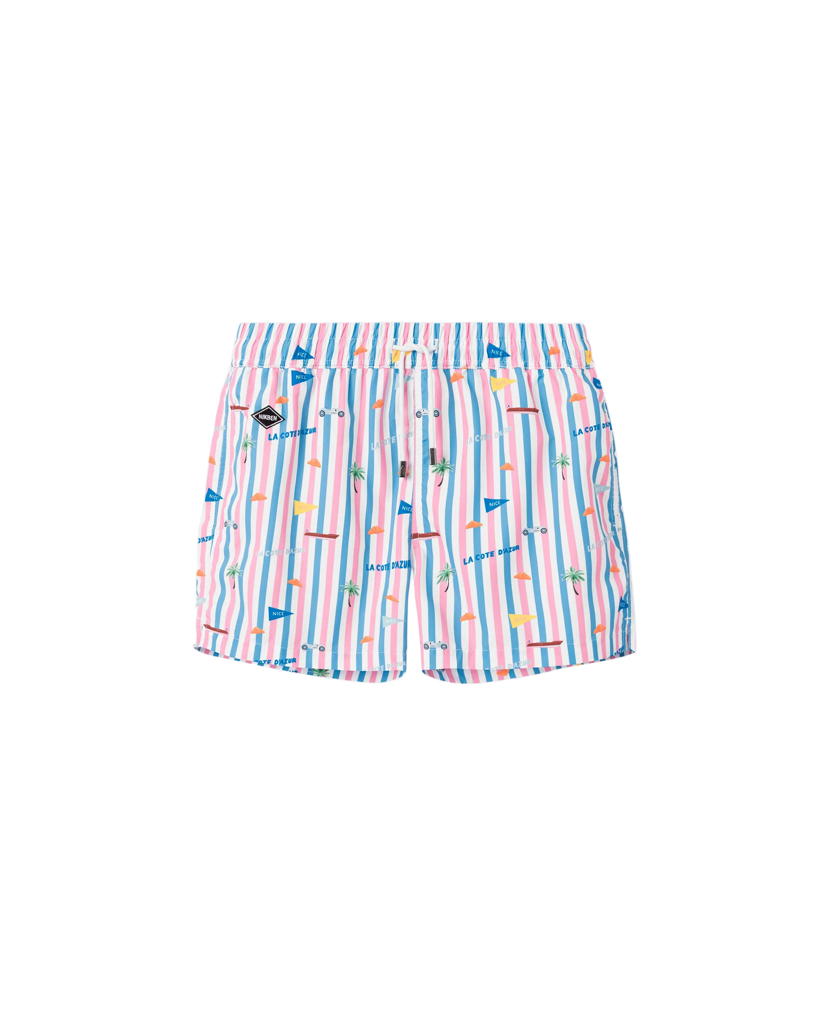 Striped printed swim trunks. Mid length shorts with drawstring waistband and two side pockets.