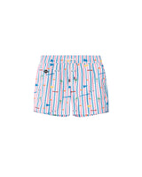Striped printed swim trunks. Mid length shorts with drawstring waistband and two side pockets.