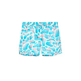 Blue mid length swim trunks with pink flamingos, logo and drawstring
