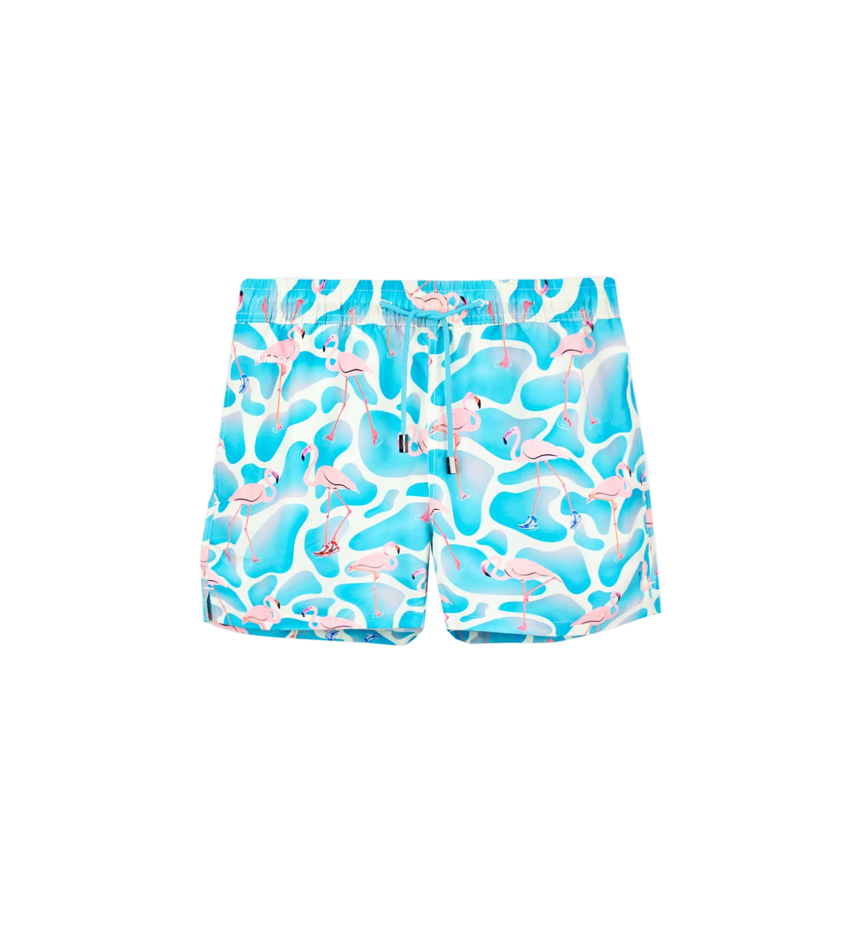 Blue mid length swim trunks with pink flamingos, logo and drawstring