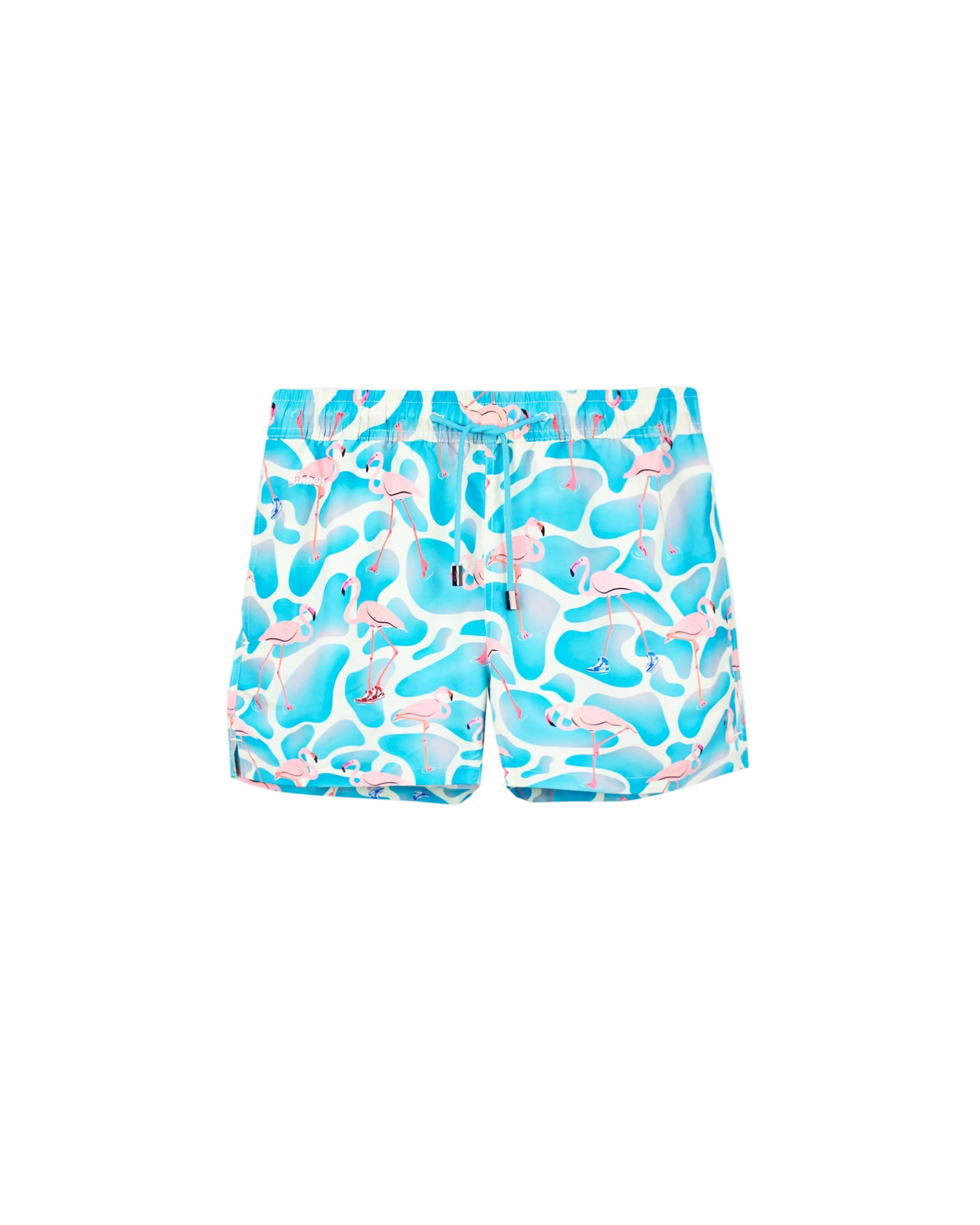 Blue mid length swim trunks with pink flamingos, logo and drawstring