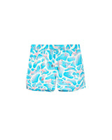 Blue mid length swim trunks with pink flamingos, logo and drawstring