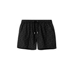 Black mid length swim trunks with white text