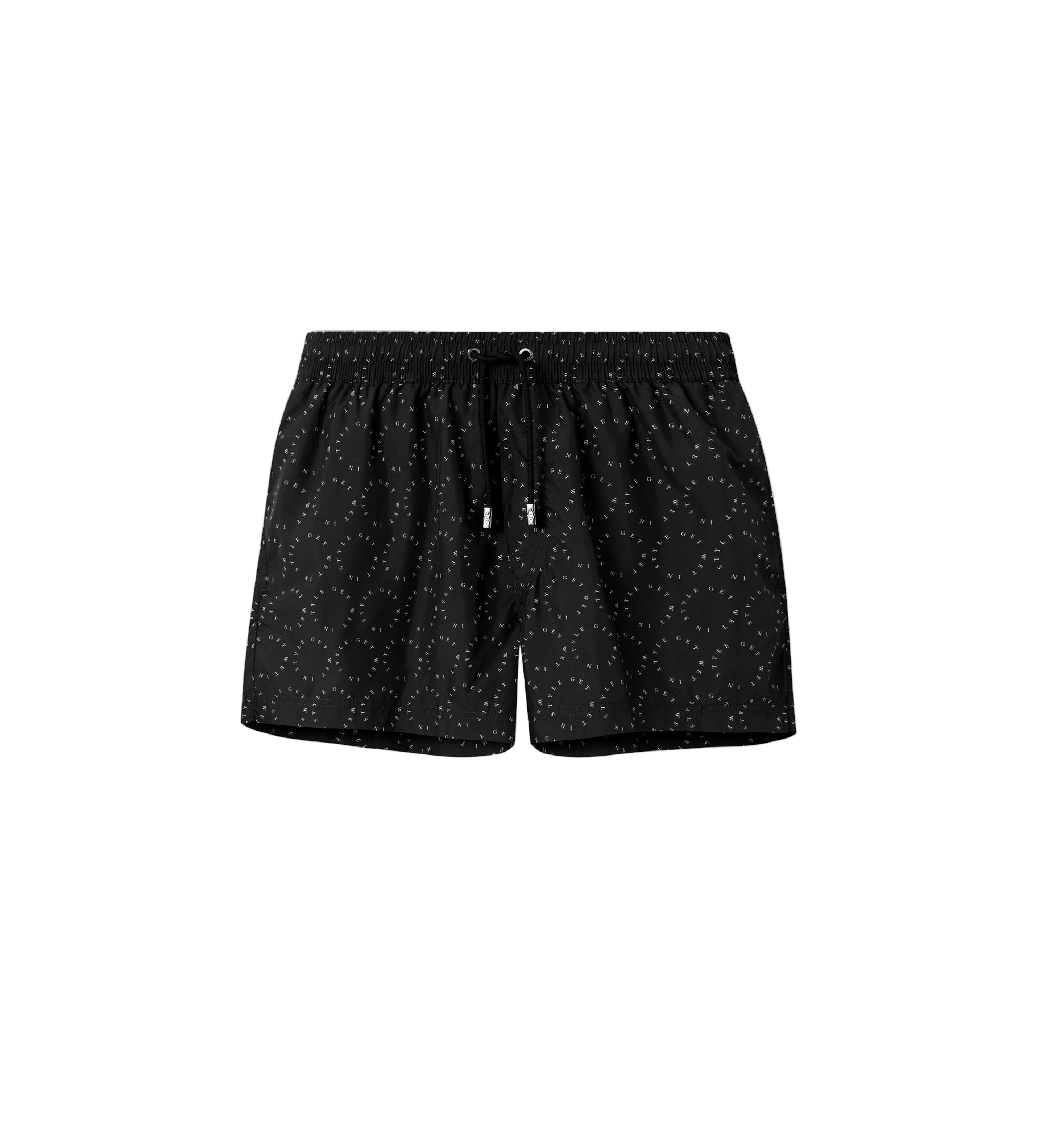 Black mid length swim trunks with white text