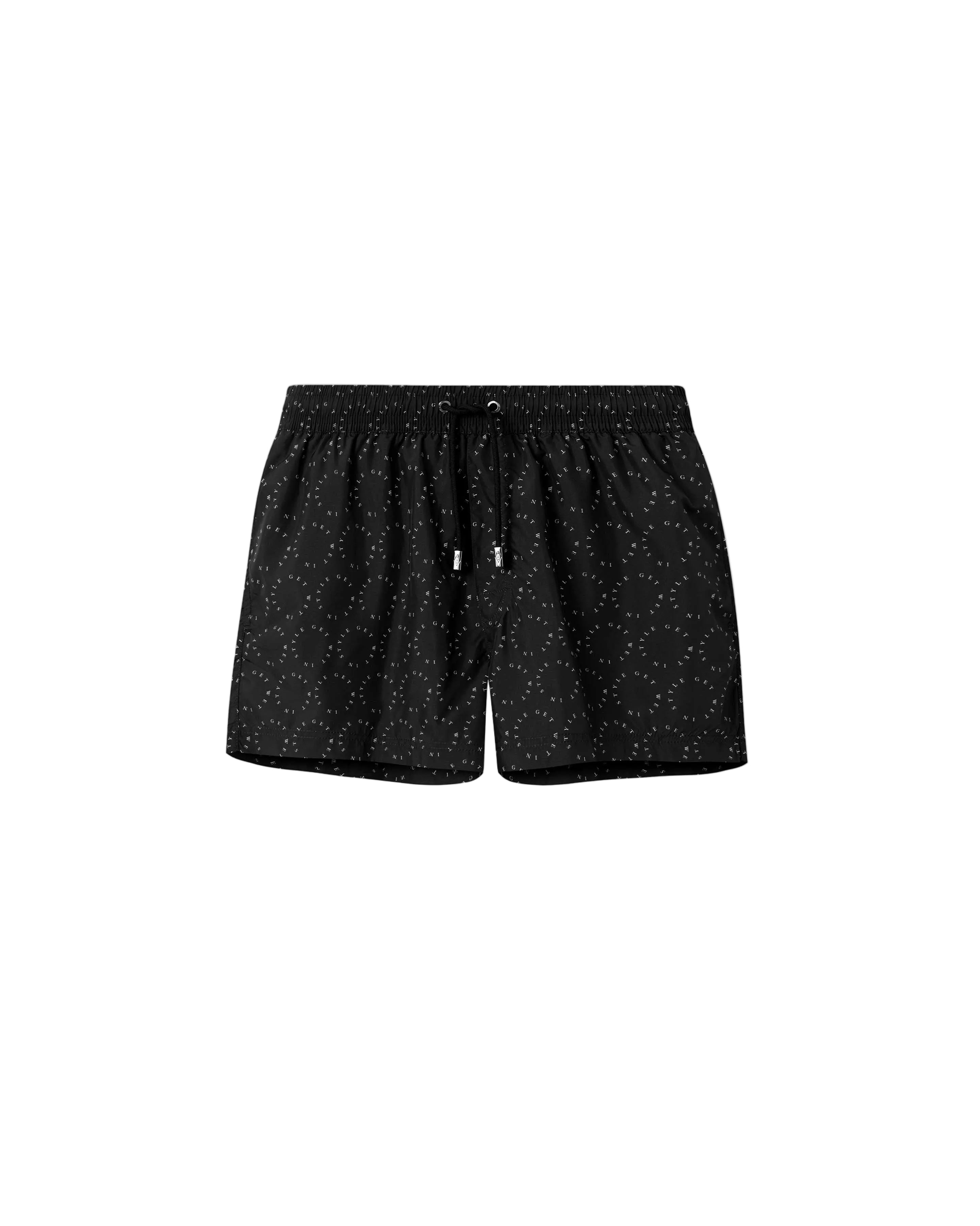 Black mid length swim trunks with white text