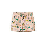 Beige mid length swim trunks with multicolored safari print