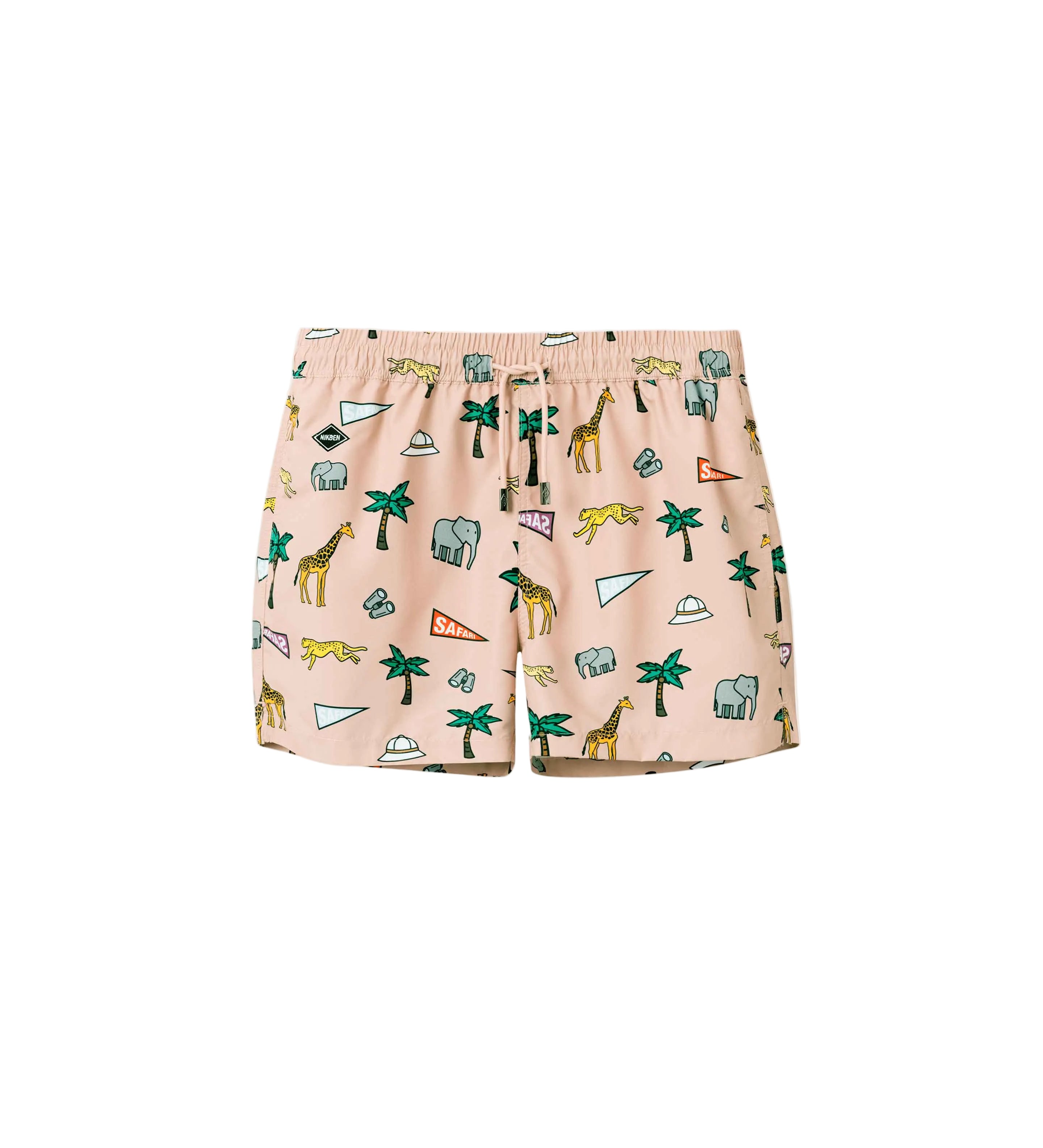 Beige mid length swim trunks with multicolored safari print