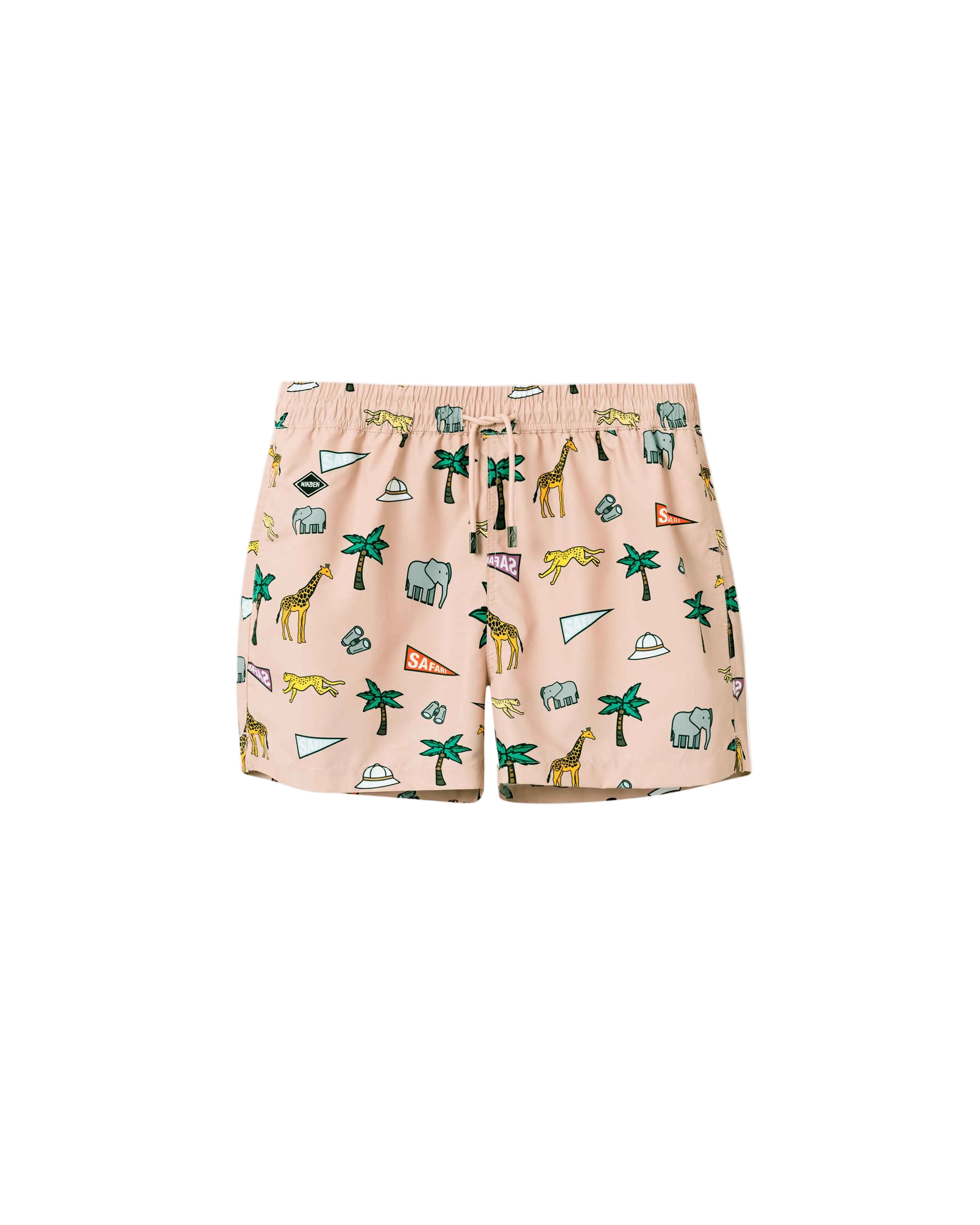 Beige mid length swim trunks with multicolored safari print