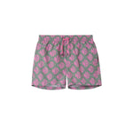 Olive and pink swim trunks with pink "NB" print. Mid length with drawstring and two side pockets.