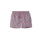 Olive and pink swim trunks with pink "NB" print. Mid length with drawstring and two side pockets.