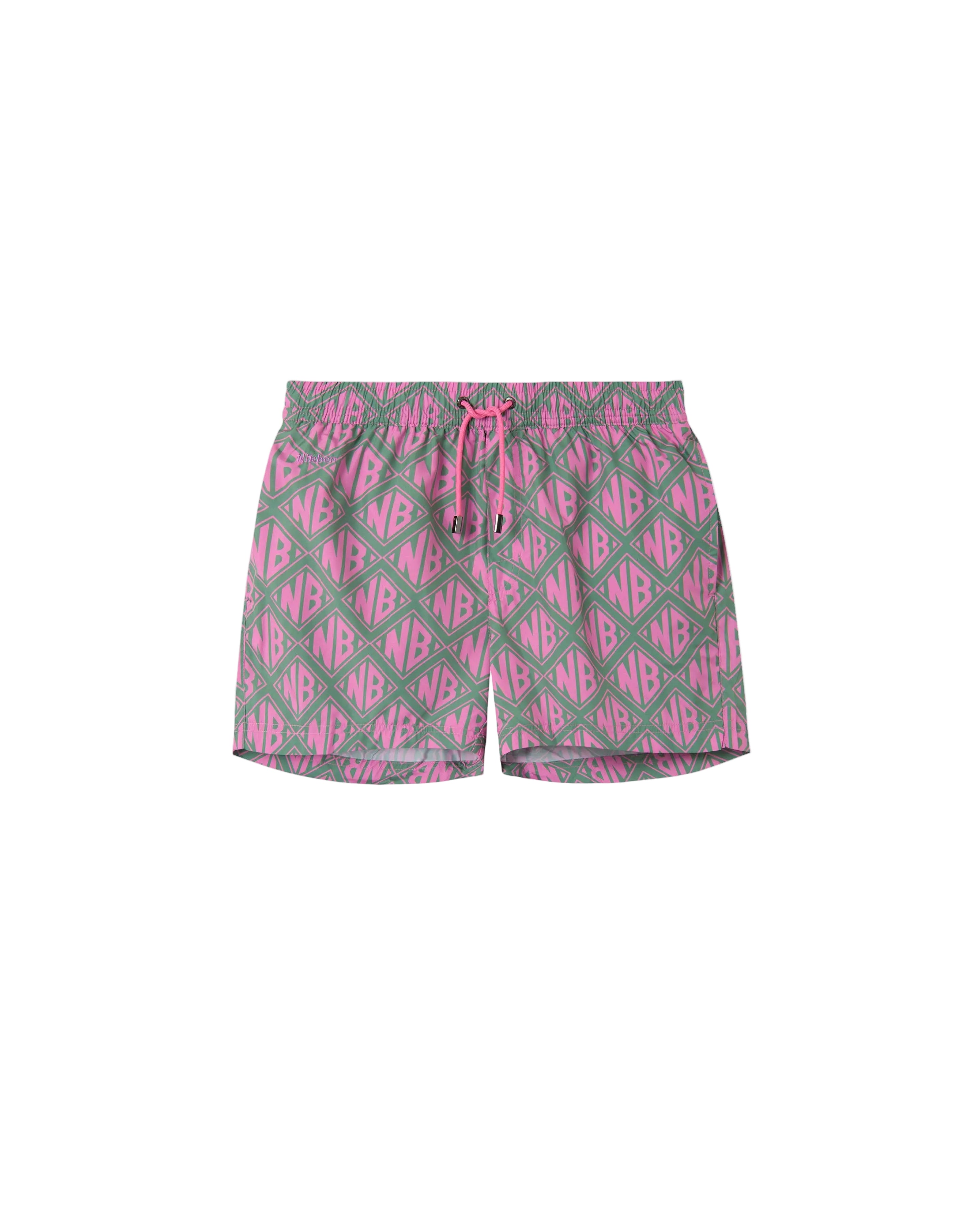 Olive and pink swim trunks with pink "NB" print. Mid length with drawstring and two side pockets.