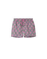 Olive and pink swim trunks with pink "NB" print. Mid length with drawstring and two side pockets.