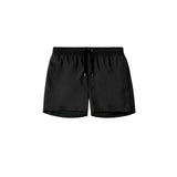 Black mid-length swim trunks with a drawstring waist, side pockets, and a zipper back pocket, made from recycled plastic bottles.