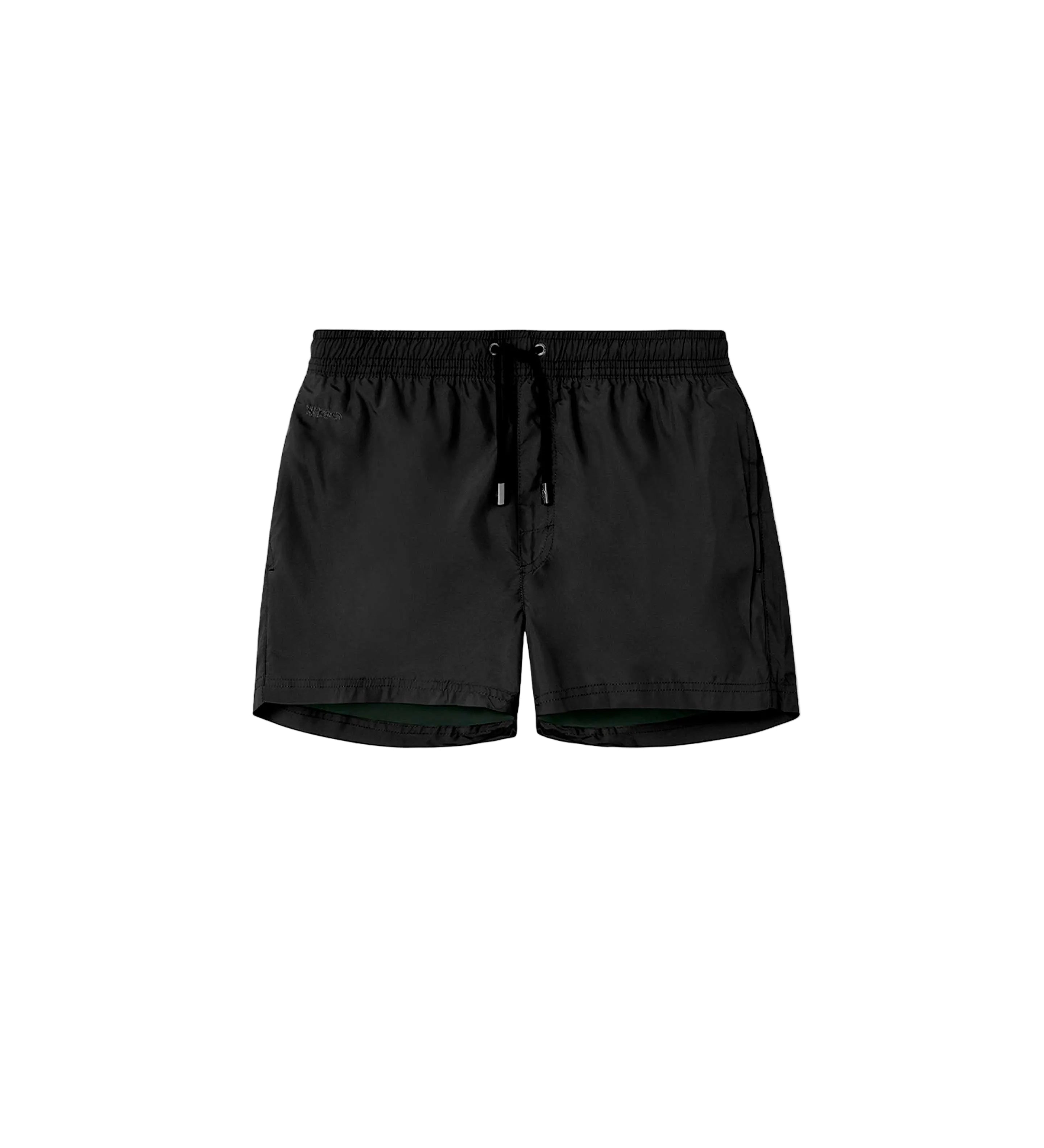 Black mid-length swim trunks with a drawstring waist, side pockets, and a zipper back pocket, made from recycled plastic bottles.