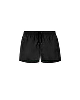 Black mid-length swim trunks with a drawstring waist, side pockets, and a zipper back pocket, made from recycled plastic bottles.