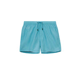 Light blue swim trunks. Mid length with drawstring and two side pockets.