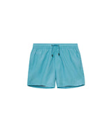 Light blue swim trunks. Mid length with drawstring and two side pockets.