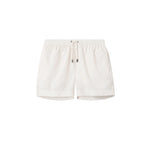 Cream white swim trunks. Mid length with drawstring and two side pockets.