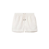 Cream white swim trunks. Mid length with drawstring and two side pockets.