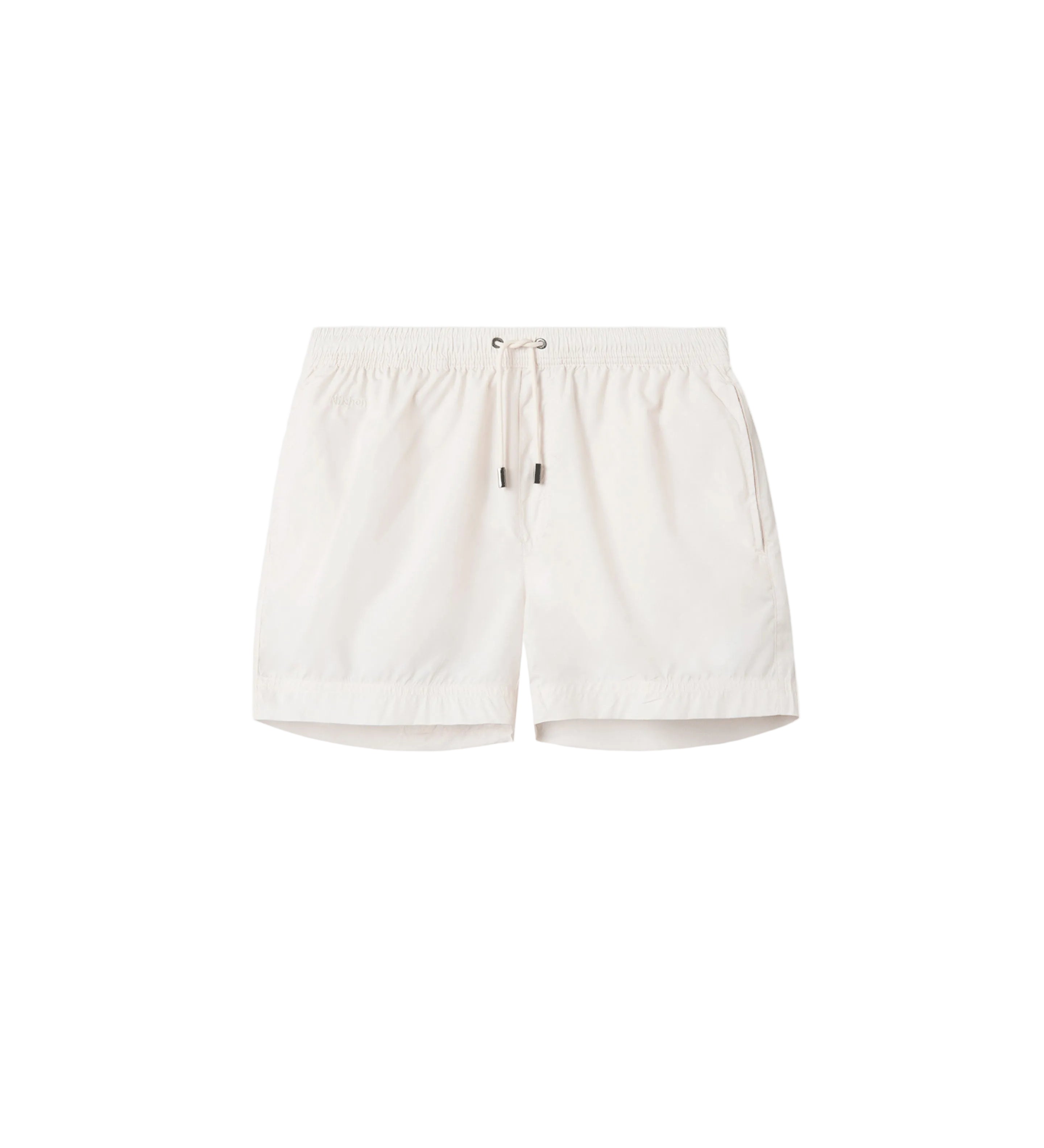 Cream white swim trunks. Mid length with drawstring and two side pockets.