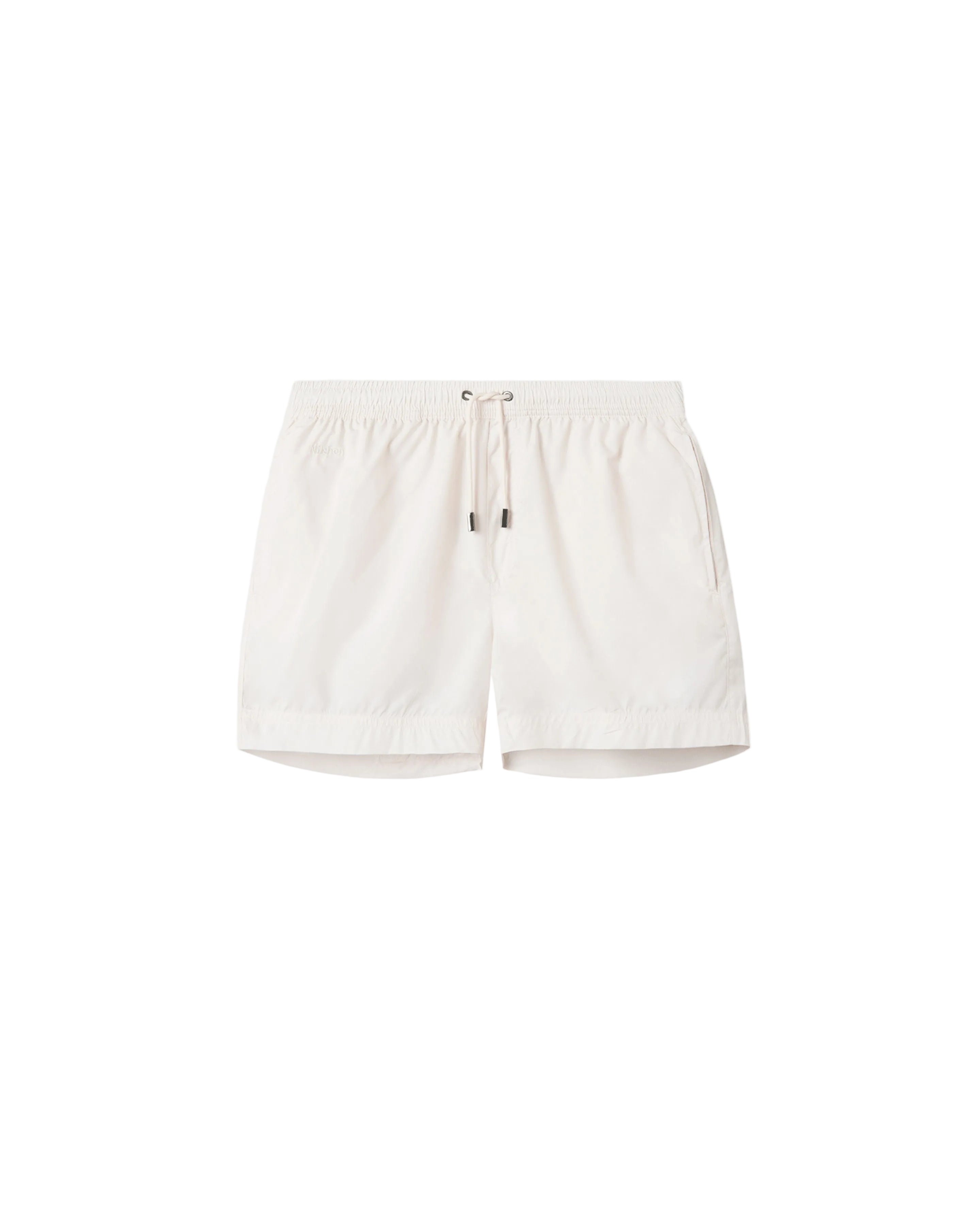 Cream white swim trunks. Mid length with drawstring and two side pockets.