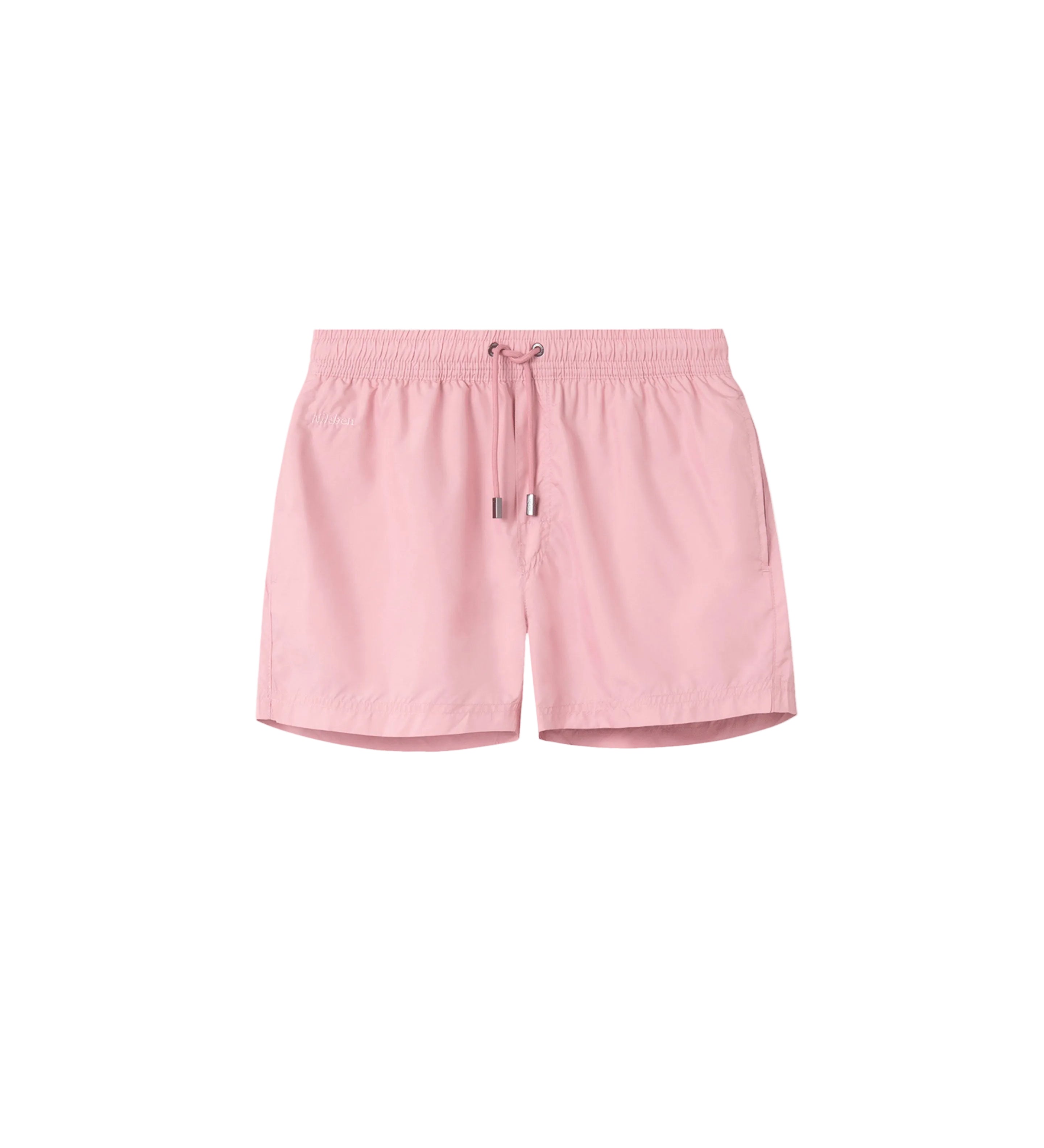 Pink swim trunks. Mid length with drawstring and two side pockets.