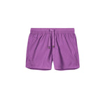 Purple swim trunks. Mid length with drawstring and two side pockets.