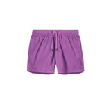 Purple swim trunks. Mid length with drawstring and two side pockets.