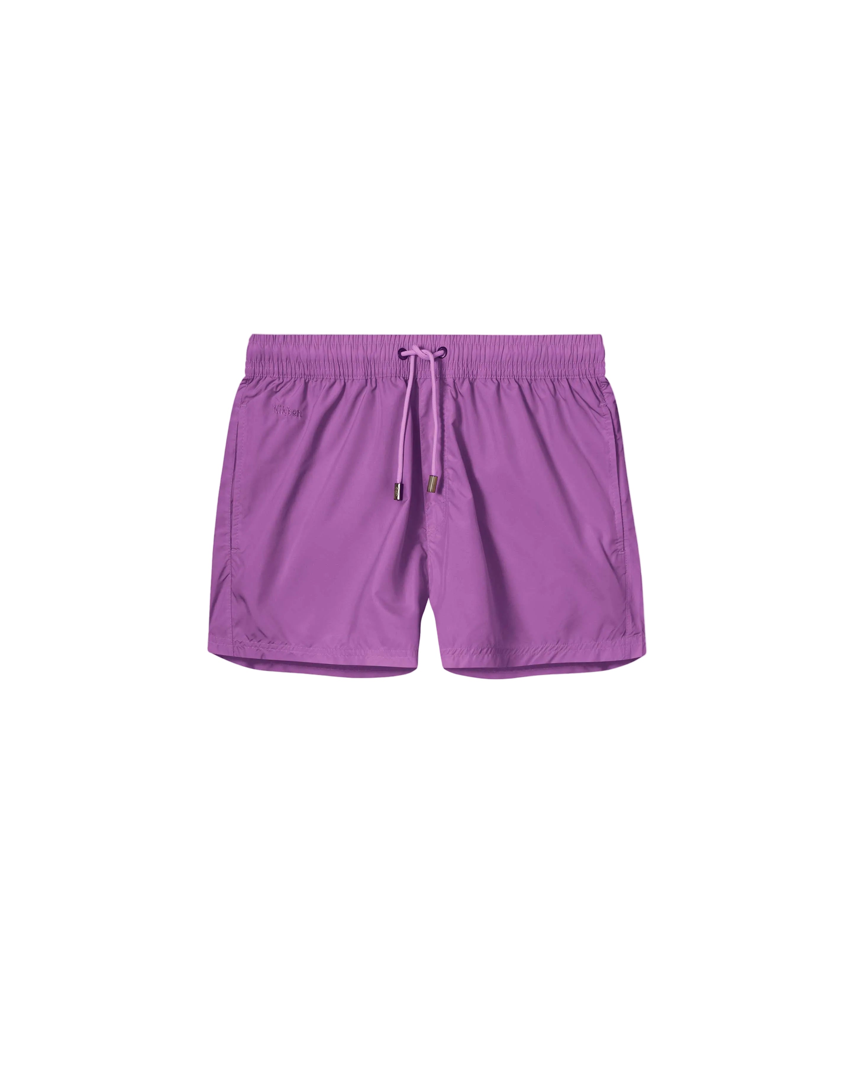 Purple swim trunks. Mid length with drawstring and two side pockets.