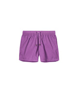 Purple swim trunks. Mid length with drawstring and two side pockets.