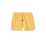 Yellow swim trunks. Mid length with drawstring and two side pockets.