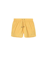 Yellow swim trunks. Mid length with drawstring and two side pockets.