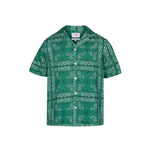 Green short sleeve vacation shirt with white pearl buttons