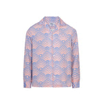 A long-sleeved multicolor geometric patterned shirt with an open collar, pearl buttons, and double chest pockets.