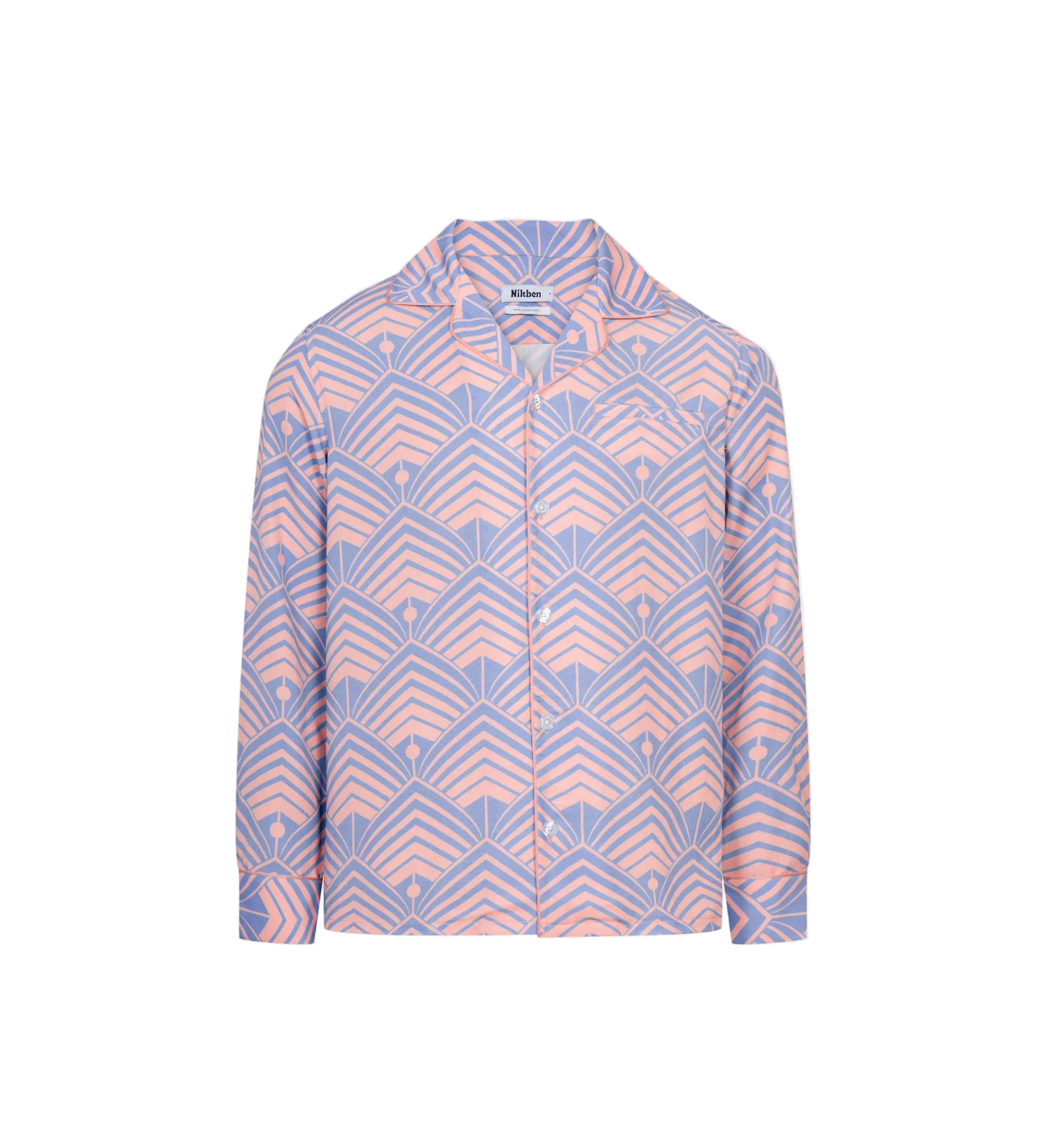 A long-sleeved multicolor geometric patterned shirt with an open collar, pearl buttons, and double chest pockets.