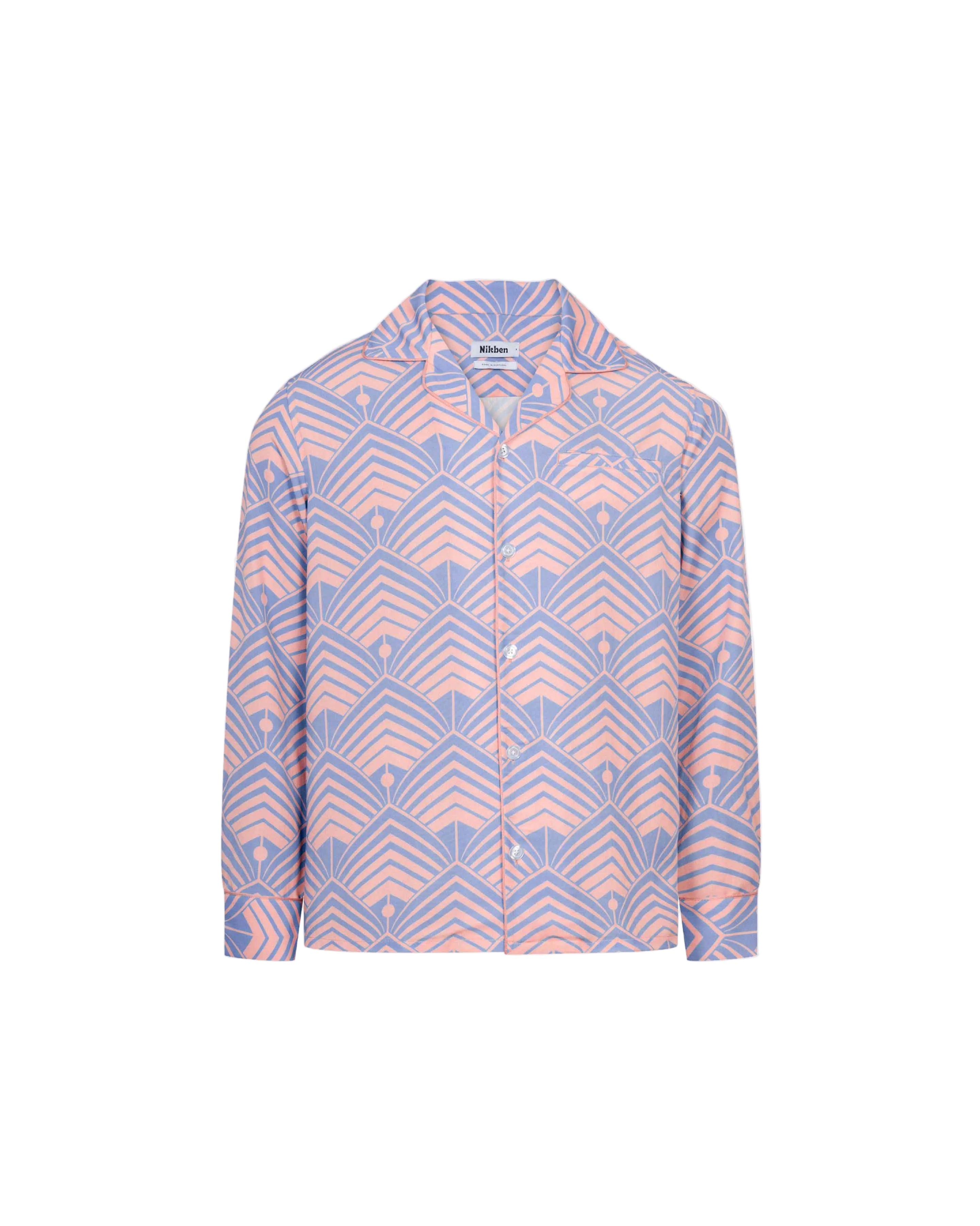 A long-sleeved multicolor geometric patterned shirt with an open collar, pearl buttons, and double chest pockets.