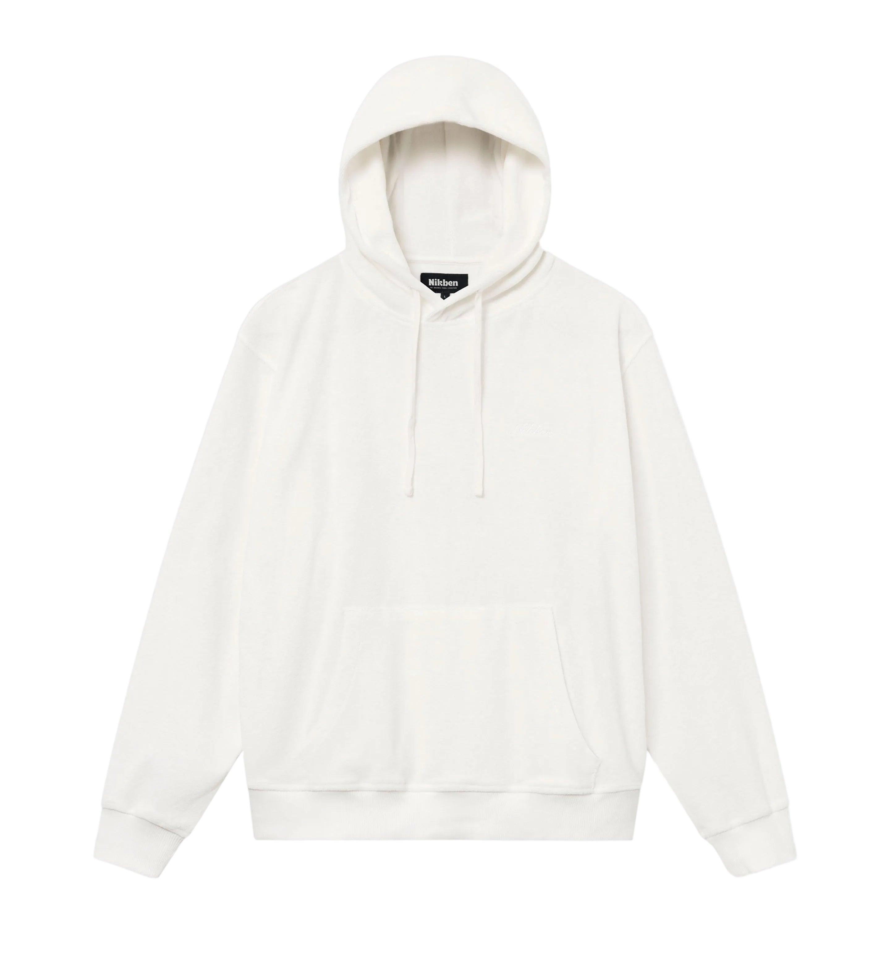Off White hoodie made from terry toweling cloth. It features drawstrings, a single front pocket, and a white embroidered "Nikben" logo on the chest