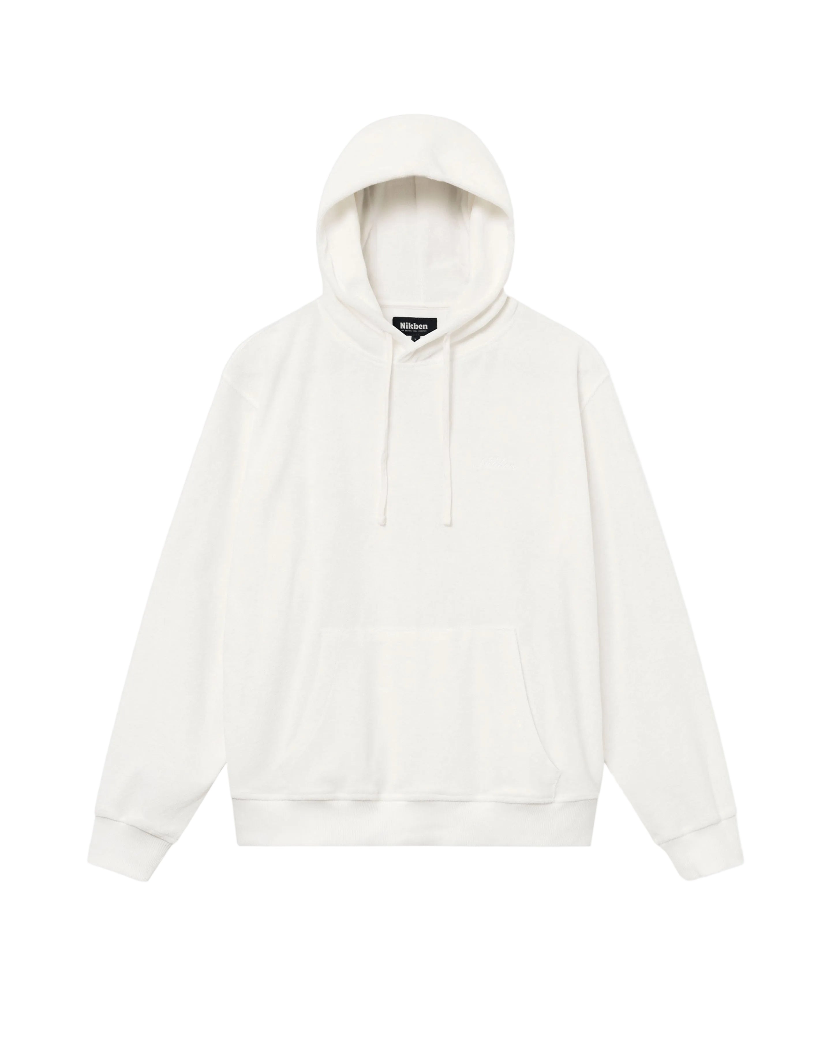 Off White hoodie made from terry toweling cloth. It features drawstrings, a single front pocket, and a white embroidered "Nikben" logo on the chest