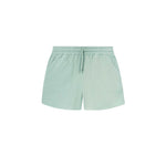Mint green waffle-patterned short-length shorts with two front pockets and a drawstring.