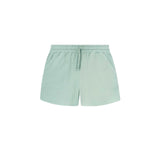 Mint green waffle-patterned short-length shorts with two front pockets and a drawstring.