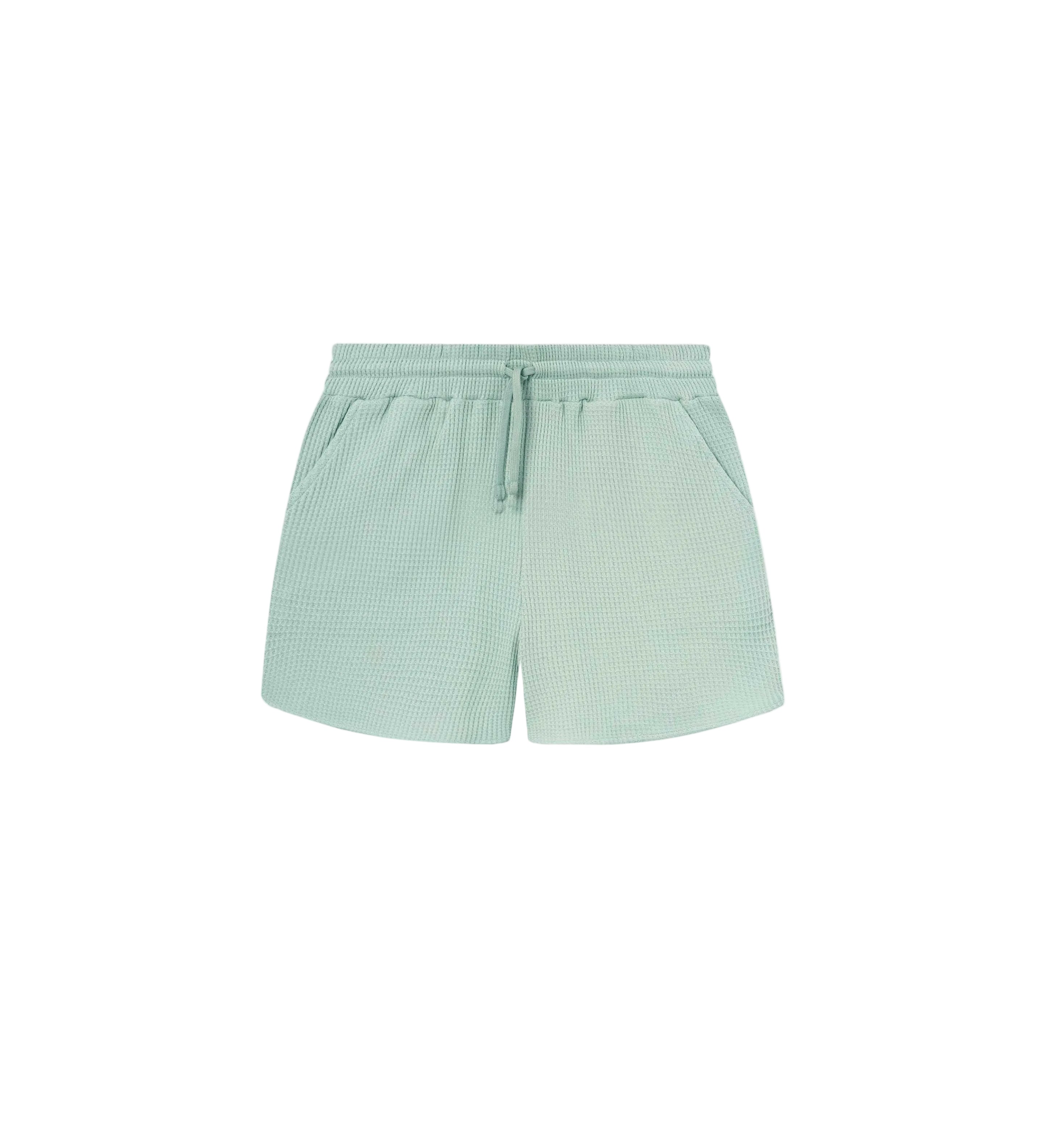 Mint green waffle-patterned short-length shorts with two front pockets and a drawstring.