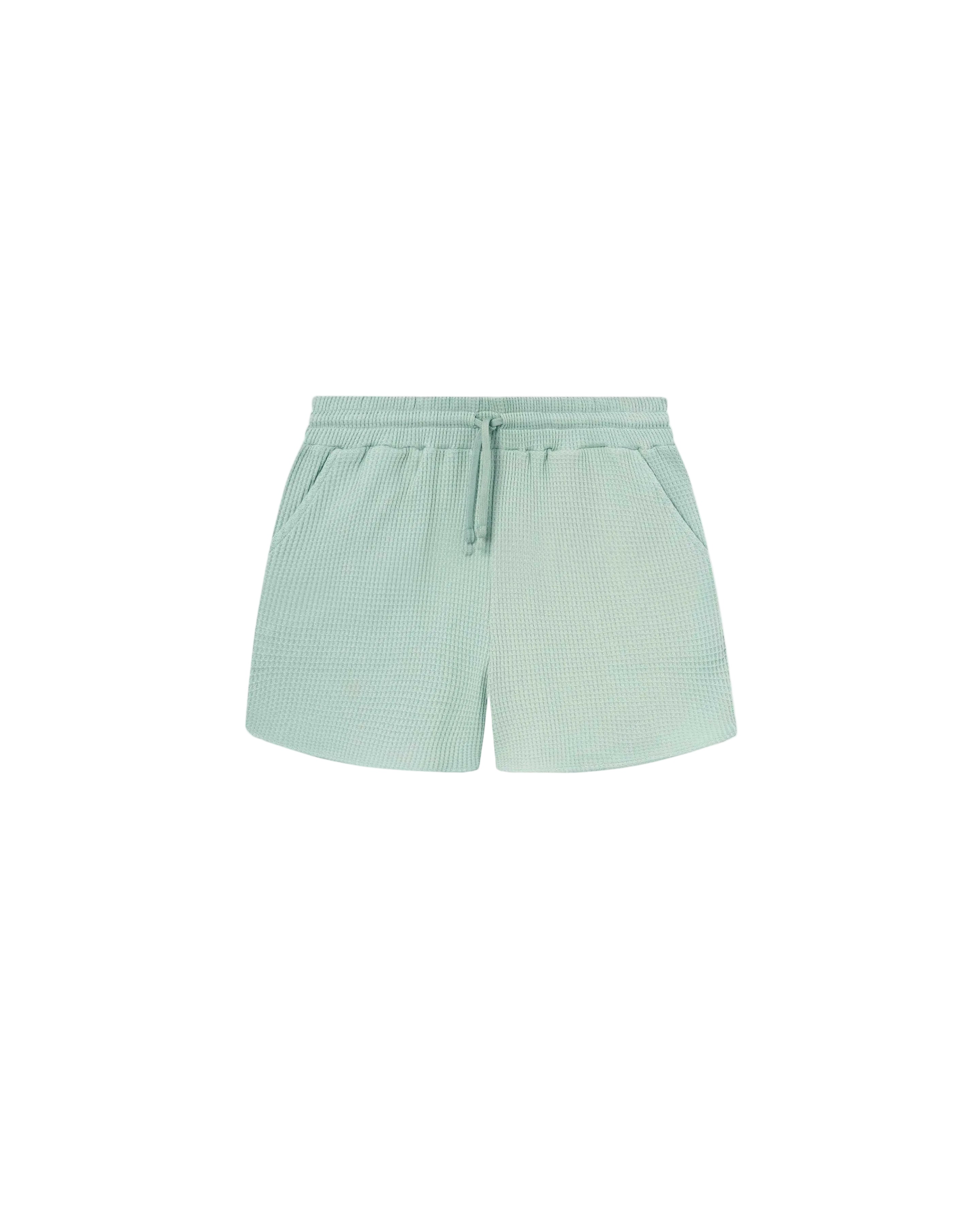 Mint green waffle-patterned short-length shorts with two front pockets and a drawstring.