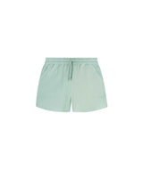 Mint green waffle-patterned short-length shorts with two front pockets and a drawstring.