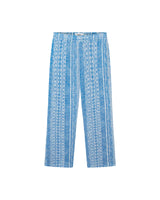 A pair of Encinitas blue pants with fine jacquard stitching, displaying a paisley pattern.
