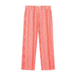 A pair of red Encinitas pants with fine jacquard stitching, displaying a full-length view.