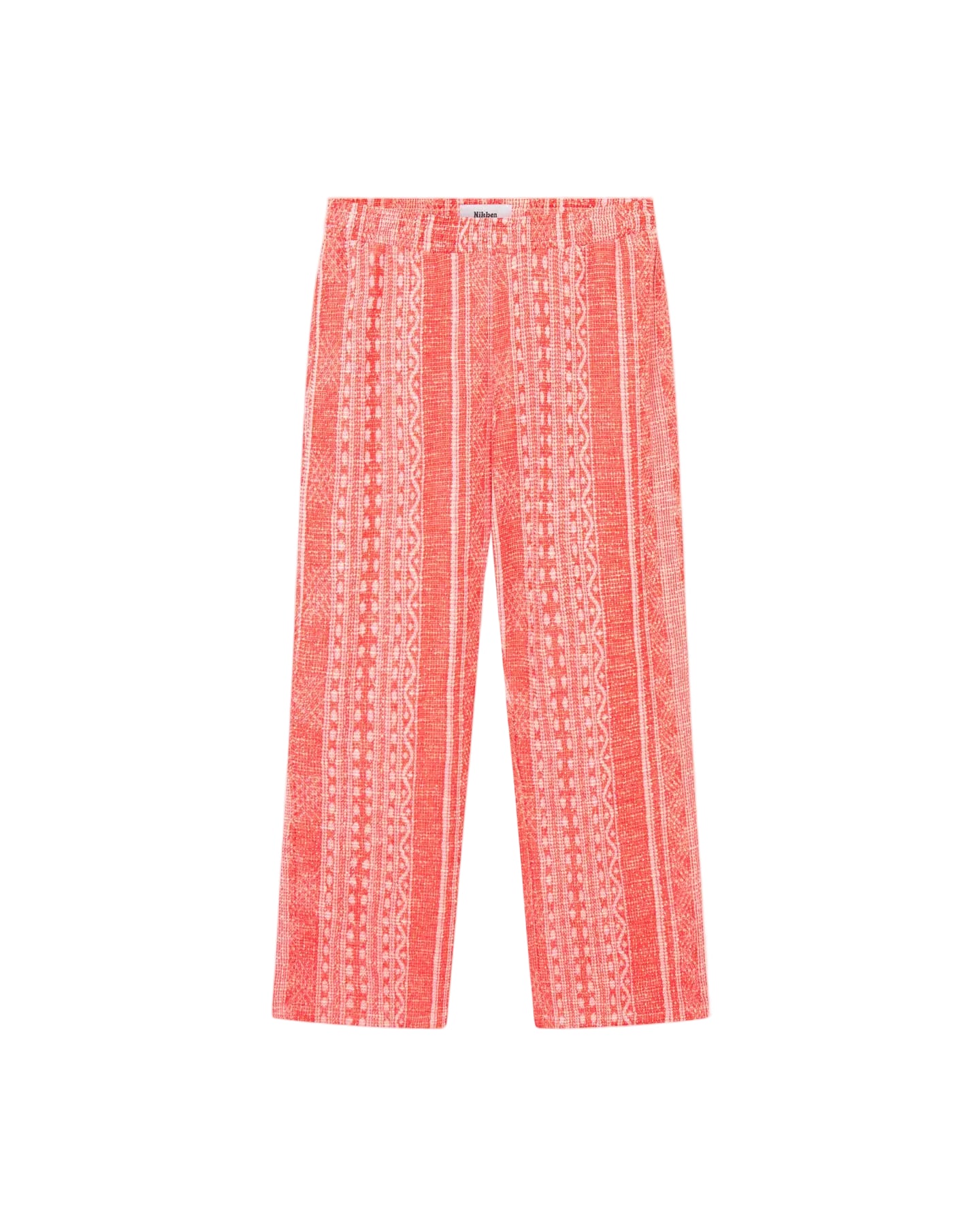 A pair of red Encinitas pants with fine jacquard stitching, displaying a full-length view.