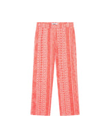 A pair of red Encinitas pants with fine jacquard stitching, displaying a full-length view.