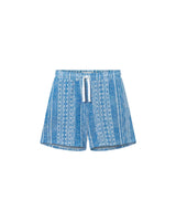 A pair of blue mid-length unisex shorts with an elastic drawstring and side pockets.